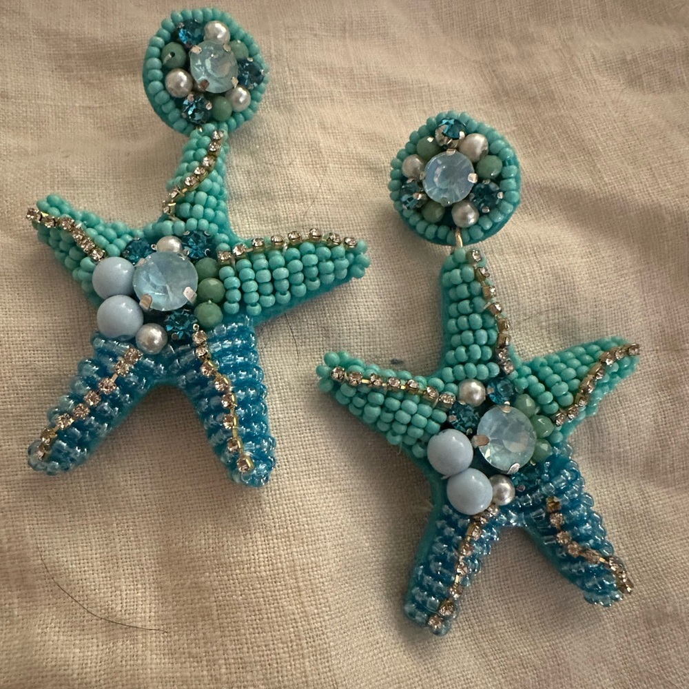 Beaded Starfish Statement Earrings in Turquoise and Aqua